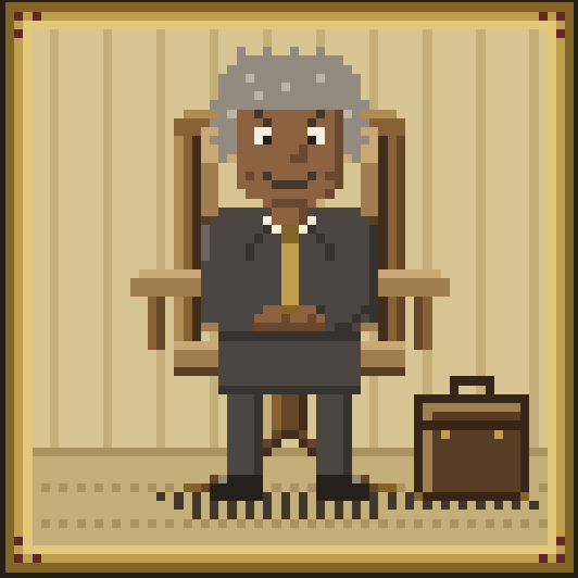 Pixel art illustration of an elderly Black man in a dark suit sitting in a wooden rocking chair next to a brown briefcase.
