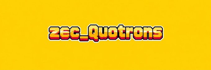 A bright yellow banner featuring the pixelated, retro-style logo "zec_quotrons" in red, orange, and white, serving as promotional branding for the zecquotrons NFT giveaway offering 20 guaranteed spots.