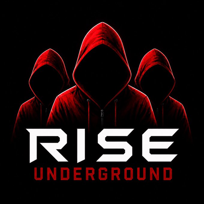 A dark promotional graphic features three shadowy figures wearing red hoodies with the text 'RISE UNDERGROUND' displayed prominently below.