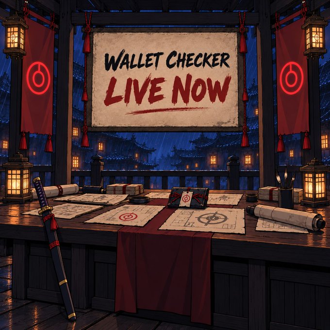 A Japanese-styled samurai dojo scene displays a large banner reading "WALLET CHECKER LIVE NOW" above a wooden desk covered with scrolls, blueprints, and a katana, with red banners bearing circular target symbols flanking the centerpiece—visually reinforcing the post's announcement that the KOBOS wallet checker is now live for verifying whitelist eligibility at kobos.world.
