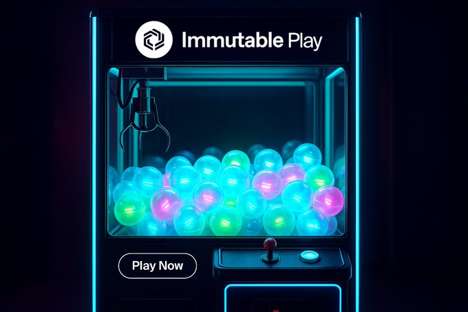 Promotional image for 'Immutable Play' featuring a neon-lit arcade claw machine filled with glowing blue and pink orbs, with a 'Play Now' button at the bottom.