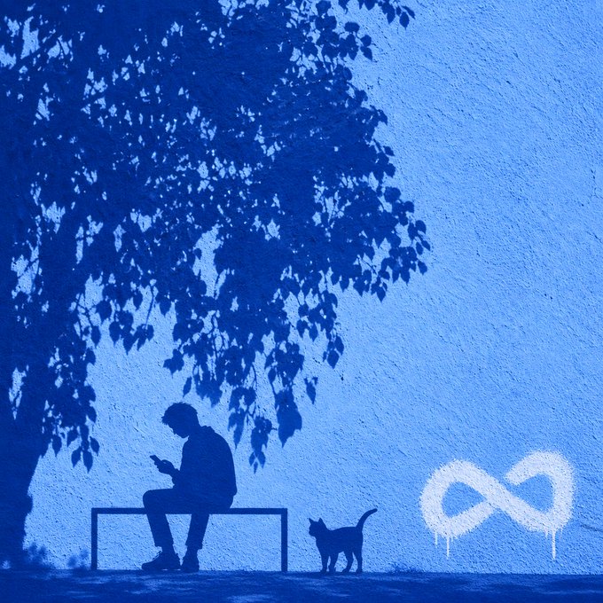 A man sits on a bench beneath a tree's shadow beside a cat, with a white infinity symbol painted on the blue wall—referencing the "GM" (good morning) post about finding signals in the blue, where the painted infinity loops suggest an endless cycle of spotting hidden cues.
