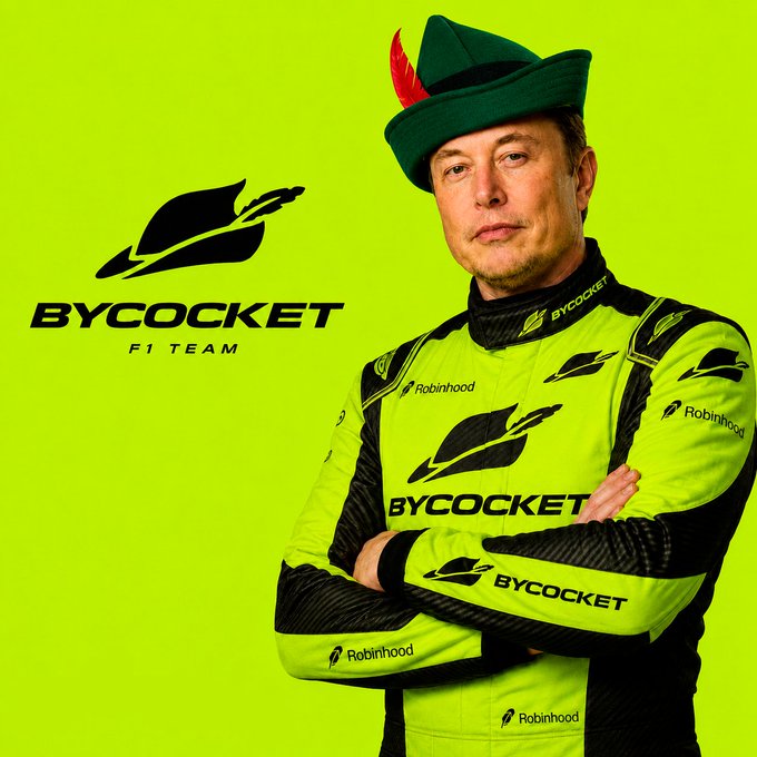 An edited image showing Elon Musk wearing a green Robin Hood-style hat with a red feather and a neon green 'BYCOCKET F1 TEAM' racing suit featuring Robinhood logos, against a matching green background.