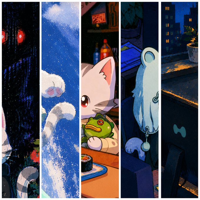 A vertically-split illustration with five panels featuring cats and small creatures in various scenes including a dark figure with red eyes, a fluffy white tail, a white cat with a green frog, and a ghostly hanging figure.