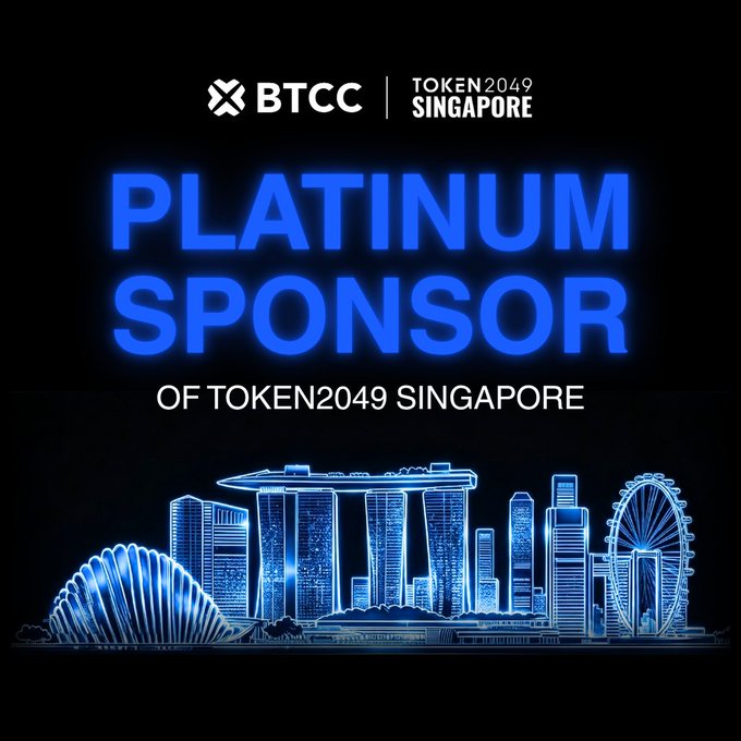 Promotional graphic announcing BTCC as the 'PLATINUM SPONSOR OF TOKEN2049 SINGAPORE' with a neon blue Singapore skyline illustration.