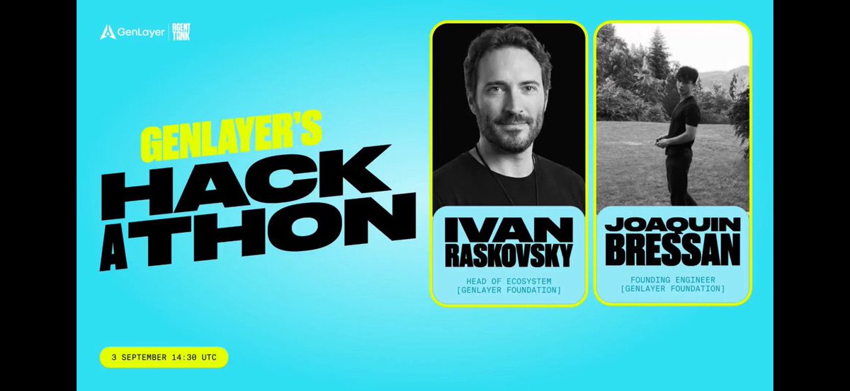 A promotional banner for 'GENLAYER'S HACKATHON' featuring photos of Ivan Raskovsky and Joaquin Bressan, scheduled for 3 September 14:30 UTC.