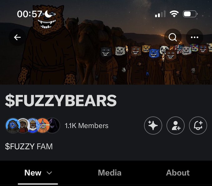 Screenshot of a Discord server called "$FUZZYBEARS" with 1.1K members, featuring a group of cartoonish bear characters in monk robes and the "$FUZZY FAM" tagline, promoting a community referenced in the post.