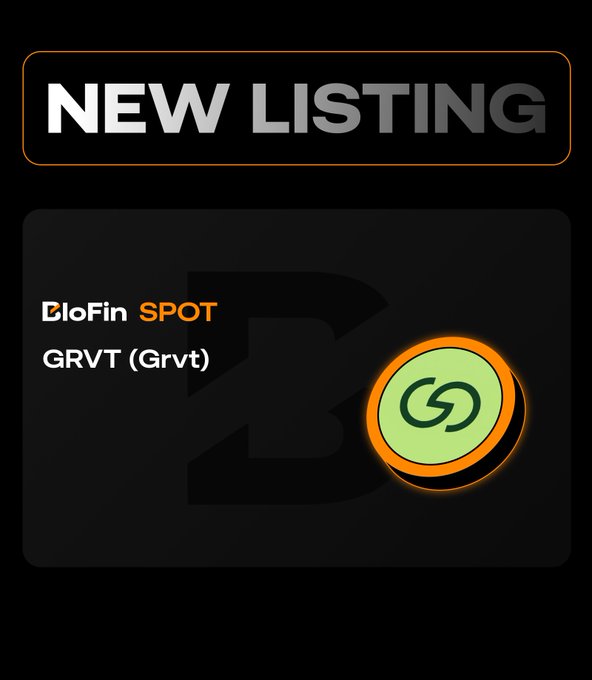 Promotional graphic announcing a new listing on BloFin Spot for GRVT (Grvt), featuring a glowing orange and green circular token logo alongside bold "NEW LISTING" header text.