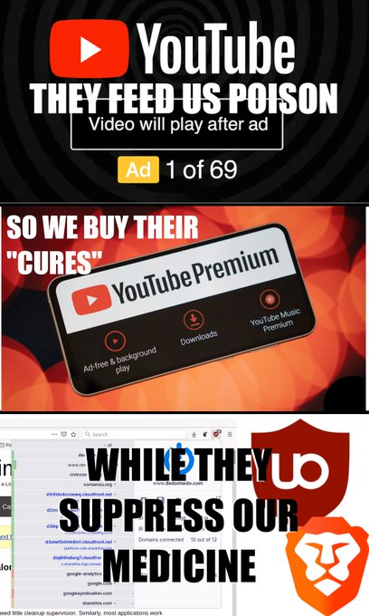 A conspiracy-themed meme image featuring YouTube branding with text reading 'THEY FEED US POISON', 'SO WE BUY THEIR "CURES"', and 'WHILE THEY SUPPRESS OUR MEDICINE' alongside YouTube Premium and uBlock Origin logos.