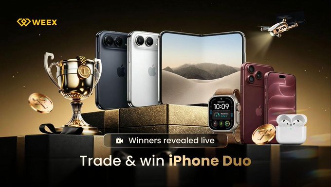 A promotional banner by WEEX advertising a trading competition to win Apple products, featuring a gold trophy, an iPhone Duo (displayed alongside AirPods and an Apple Watch), and the WEEX logo, with the tagline "Trade & win iPhone Duo" and "Winners revealed live."