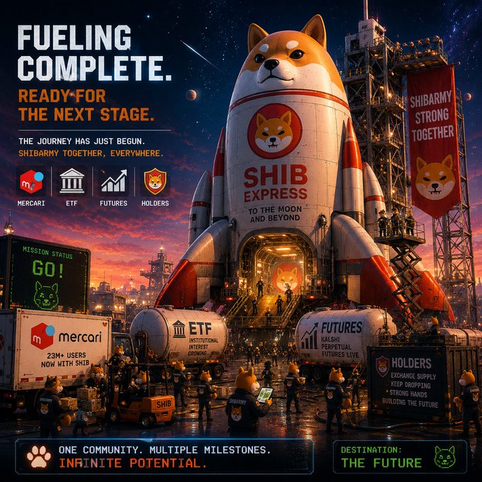 The image features a large white rocket ship with a brown dog face on top of it, surrounded by people who are working together to load fuel into the rocket. The background shows a city skyline at night, indicating that this scene takes place in an urban setting. The caption reads "Fueling Complete. Ready for the next stage." This suggests that the rocket is currently being prepared and ready for its next mission or launch.