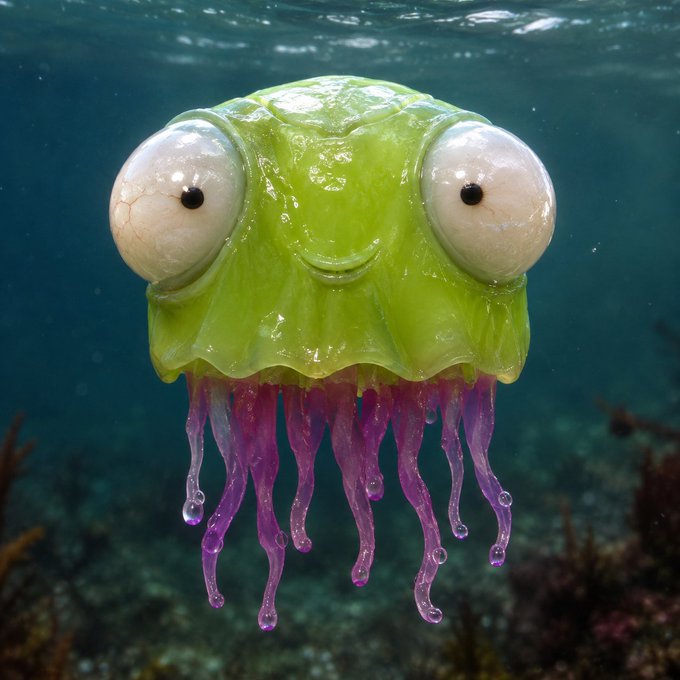 A cartoonish, stylized underwater creature with a green jellyfish-like body, huge bulging eyes, and purple tentacles floating in a deep blue ocean.