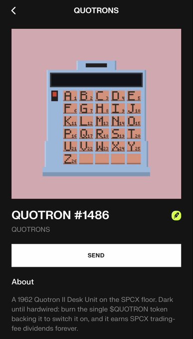 An NFT listing page for QUOTRON #1486, describing a 1962 Quotron II Desk Unit art piece with a SEND button, displayed under the title 'QUOTRONS'.