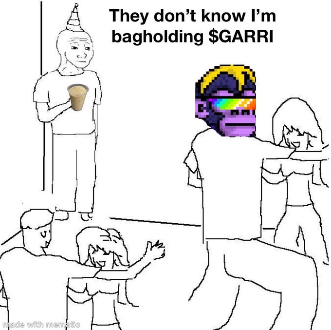 A meme illustration with the text "They don't know I'm bagholding $GARRI" showing a figure with a pixelated Rainbow Dash My Little Pony face at what appears to be a party.