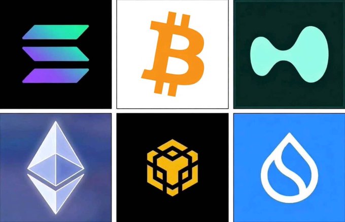 The image displays a 2x3 grid featuring logos of six cryptocurrencies: Solana (top left), Bitcoin (top middle), an unknown green logo (top right), Ethereum (bottom left), BNB (bottom middle), and Sui (bottom right). The post prompts viewers to choose one of these coins as a potential 100x memecoin investment, contrasting the typically low-volatility major coins shown with the speculative nature of memecoins.