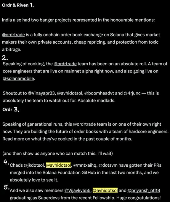 A text document discussing crypto projects, highlighting '@ordrtrade' as a fully onchain order book exchange on Solana, and mentioning the Ord & Riven team including users like @avhidotsol and @boomheadvt.
