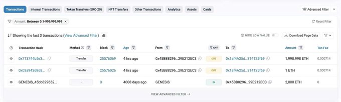 Etherscan transactions page showing 3 transfers between addresses 0x45888296...29E212EC3 and 0x1af4A256...31412f9f9 for amounts of 1,998.998 ETH, 1 ETH, and 2,000 ETH (GENESIS).