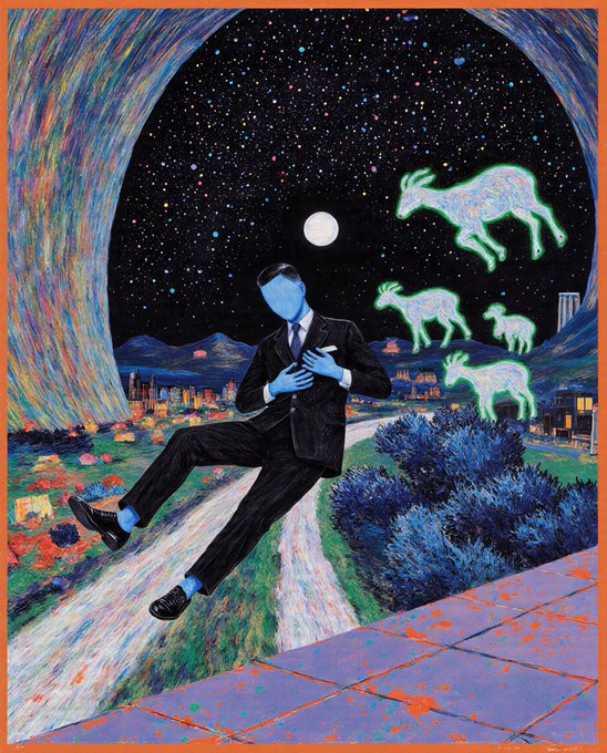 A surreal painted illustration showing a blue-faced man in a suit floating above a landscape, with glowing green goats leaping across a starry night sky.