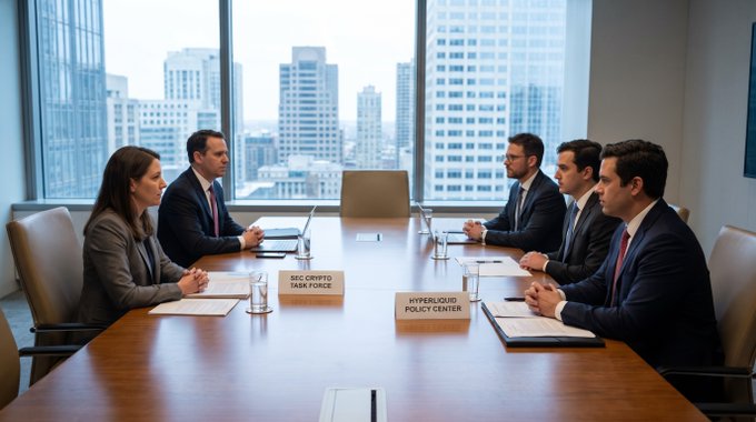 A group of business professionals sit across from each other at a conference table with signage reading "SEC CRYPTO TASK FORCE" and "HYPERLIQUID POLICY CENTER," illustrating the meeting between Hyperliquid ($HYPE) policy representatives and the SEC's crypto task force to discuss digital asset regulation.