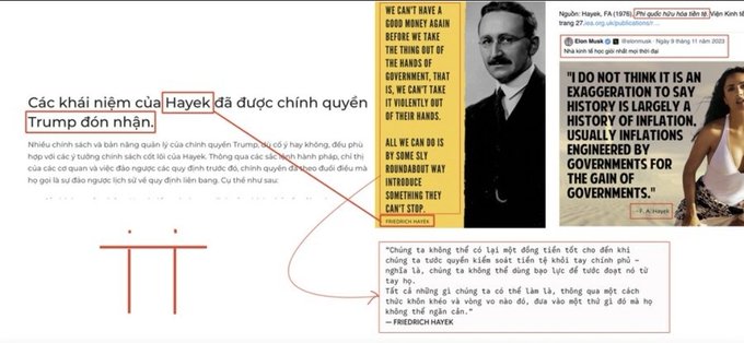 The image displays a Vietnamese article discussing how Hayek's economic concepts have been "reinterpreted by Trump," featuring quotes from Friedrich Hayek about governments inflating money and a tweet from Elon Musk. The caption "Pi Network, huh?" connects by drawing a parallel to the article's theme of questioning whether digital currencies and crypto projects are genuinely innovative or simply repackaging existing economic critiques about inflation and government monetary policy.