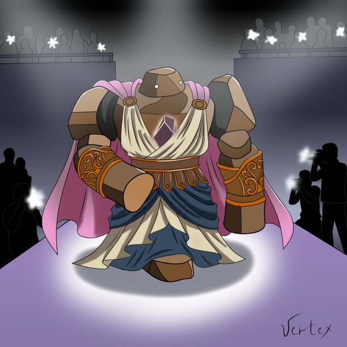 A digital illustration of a large stone golem character wearing a pink cape, white and blue robes, and ornate golden bracers, standing on a runway stage under a spotlight while a silhouetted audience takes photos with flash, signed 'Vertex' in the corner.