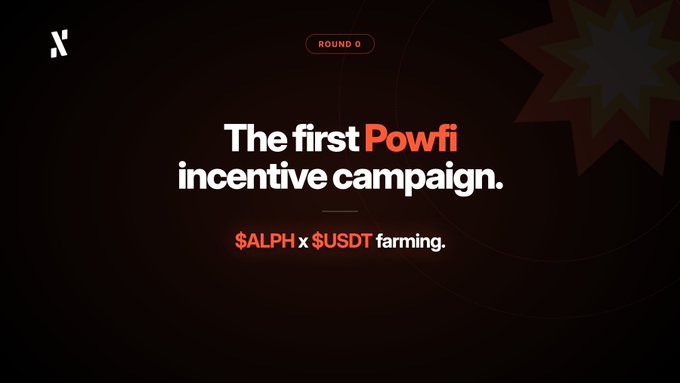 A dark promotional graphic announces "ROUND 0" of the "Powfi incentive campaign," featuring $ALPH x $USDT farming, directly visualizing the launch announcement targeting $200k in liquidity with 15% APY rewards.