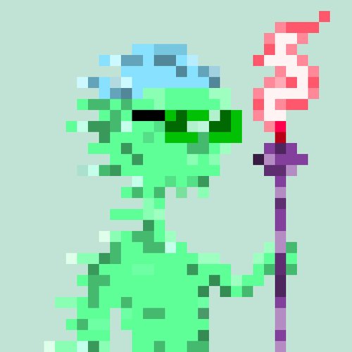 A pixel art image of a green zombie-like character holding a purple staff with a red and white flag, fitting the "Good morning pixel lovers" greeting. The retro 8-bit style character appears to be a playful, undead figure waving a festive banner to wish viewers a wonderful day.