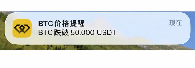A mobile notification alert from Binance (identified by the yellow logo) reading 'BTC 价格提醒: BTC 跌破 50,000 USDT' (BTC Price Alert: BTC fell below 50,000 USDT).