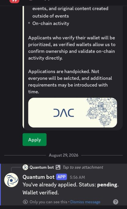 Discord screenshot dated August 29, 2026, showing a 'Quantum bot' message stating 'You've already applied. Status: pending. Wallet verified.' with an OAC application visible.