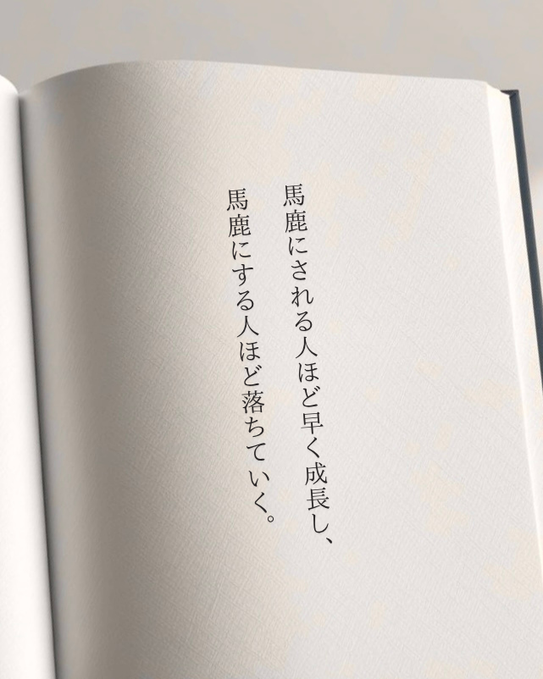 A close-up of an open book displaying Japanese text written vertically in black ink on cream-colored pages, which translates to roughly "When someone is pushed by a horse, they grow quickly and fall harder," reinforcing the accompanying caption's message about the harsh reality of facing challenges head-on.