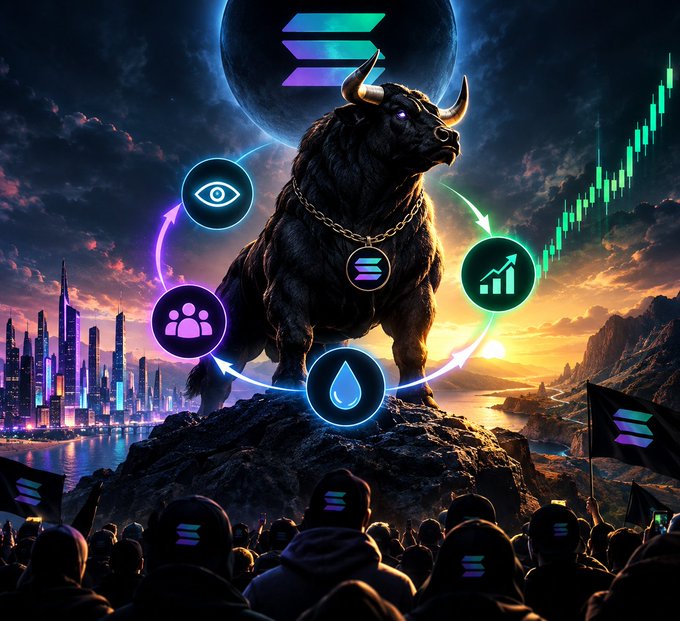 A promotional graphic featuring a black bull statue with the Solana logo, surrounded by icons representing vision, community, liquidity, and growth, with a rising green crypto chart in the background.