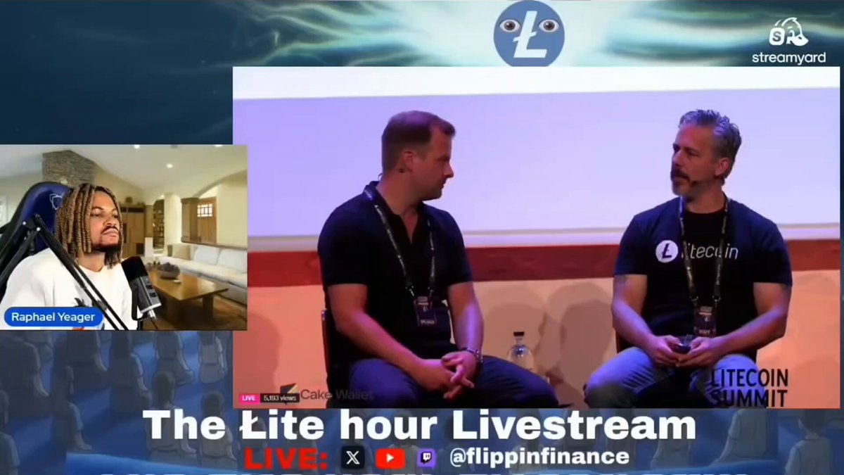 The image features a live stream of two men sitting next to each other, having an interview with Rick Thomas about the future of cryptocurrency. The men are wearing black shirts and appear to be discussing the potential use of Litecoin debit cards for financial transactions.