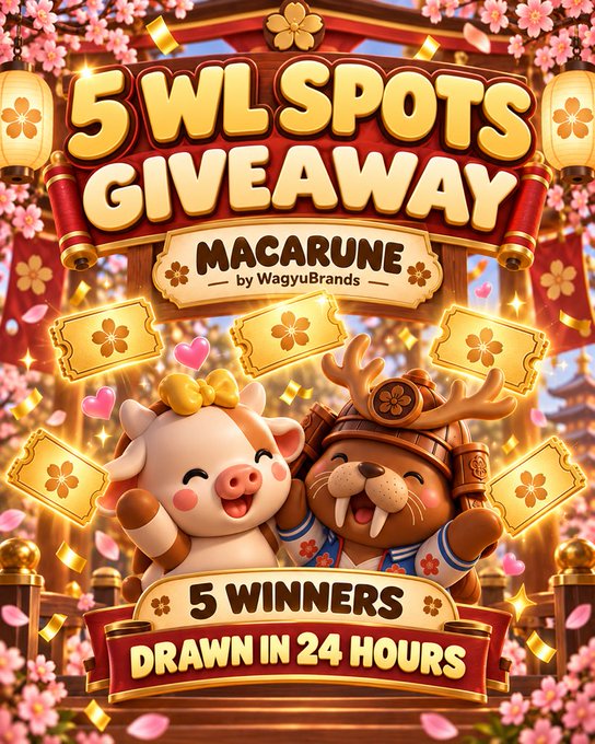 A colorful promotional graphic for a "5 WL SPOTS GIVEAWAY" by Macarune (by WagyuBrands), featuring 5 winners drawn in 24 hours, with cartoon cow and walrus characters.