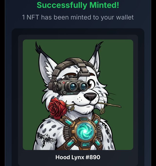 An NFT minting confirmation screen displays 'Successfully Minted! 1 NFT has been minted to your wallet' above a digital artwork of a white lynx wearing night-vision goggles labeled 'Hood Lynx #890'.