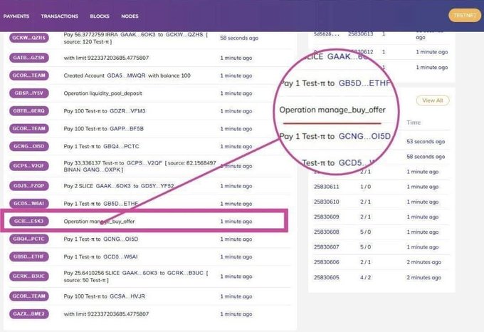 A blockchain explorer interface highlights a transaction from account GCH_ESM3 labeled "Operation manage_buy_offer" at block height 25830611, with a magnified callout emphasizing the buy offer execution. The screenshot supports the post's claim that DEX preparations have begun by showing an actual order book operation rather than a simple test transfer.