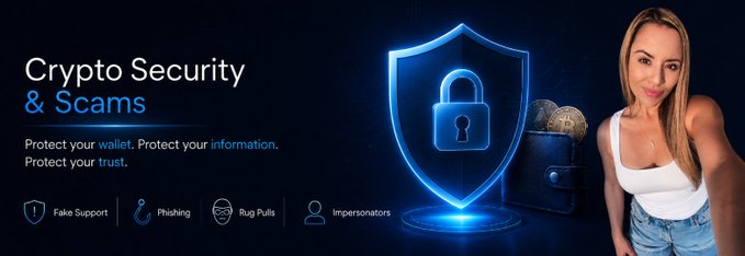 A woman stands beside a "Crypto Security & Scams" banner featuring a blue shield and padlock graphic, with icons warning about Fake Support, Phishing, Rug Pulls, and Impersonators. The image directly relates to the post by visually representing the crypto security threats that led to the user's Phantom wallet being drained, emphasizing the need to "Protect your wallet. Protect your information. Protect your trust."