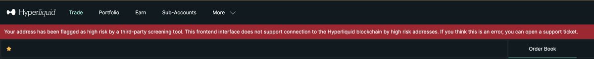 The image features a user who has been blocked from a website called "hyperliquid" or possibly "HL organically every day", with a red banner stating that they are "banned from this site, no clue why I've opened a ticket in the HL discord". The user's name is also mentioned. There is text on the screen that reads: "I just got banned from the hyperliquid frontend on 2 of my wallets ... I really hope they can fix it." This suggests that the user may have violated some rules or guidelines, which led to their banishment from the website. The image does not show any direct connections between the ban and the person's email address.