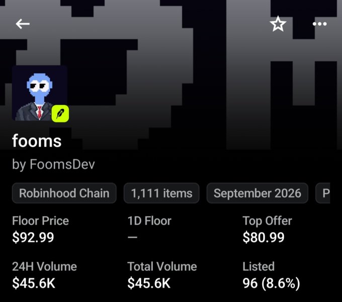 A digital marketplace page displaying the 'fooms' NFT collection by FoomsDev on the Robinhood Chain, showing a floor price of $92.99, a 24H volume of $45.6K, and 1,111 items.