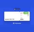 A small mobile interface screen displays the "Polymarket" logo at the bottom and some trading information including "Spread 0% | 1%" and a price of "$135".