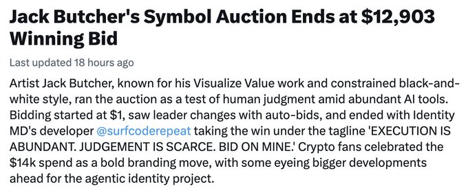 A news article titled 'Jack Butcher's Symbol Auction Ends at $12,903 Winning Bid' describes the artist known for 'Visualize Value' selling his symbol to Identity MD developer @surfcoderepeat.