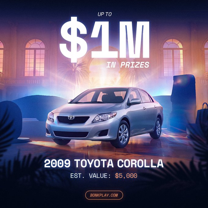 A promotional image from Bonkplay.com advertising a giveaway with "UP TO $1M IN PRIZES," featuring a silver 2009 Toyota Corolla (est. value $5,000) as the grand prize, set against a stylized mansion backdrop with dramatic lighting. The image directly reinforces the post's announcement by visually showcasing the "first prize" — a 2009 Toyota Corolla — highlighting it as a reliable, classic car.