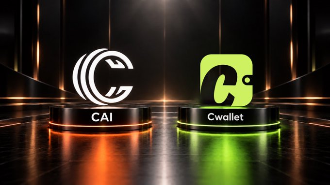 Two illuminated 3D pedestals in a dark, futuristic arena display the white "CAI" logo on the left and the green "Cwallet" icon on the right, visually representing the partnership between CAI and Cwallet. The dramatic lighting and sleek staging emphasize the premium, forward-looking collaboration highlighted in the post about expanding crypto utility and Web3 distribution.