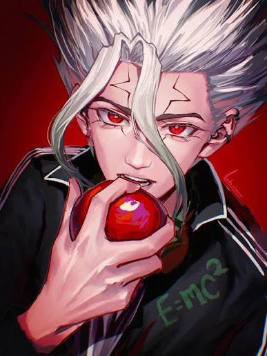 A digital illustration shows a white-haired anime character with red eyes biting into a shiny red apple, with 'E=mc²' written in green on the lower right.