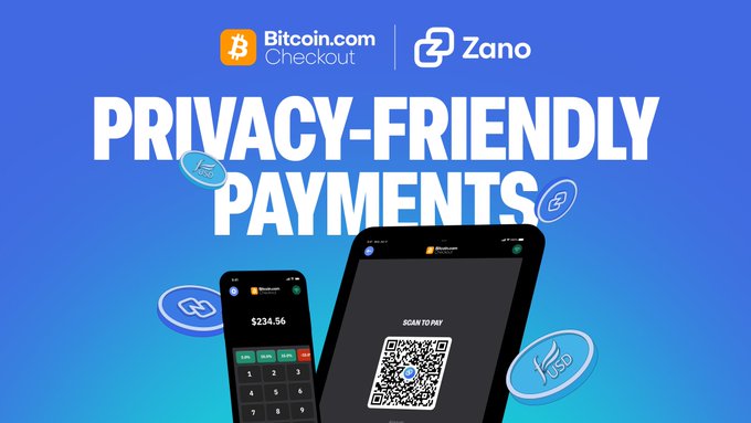 The image features two devices - an iPad and a calculator - both of which are displaying Bitcoin.com Checkout's privacy-friendly payment options, including Bitcoin Cash and ZANO. The devices are positioned side by side with the text "Privacy-Friendly payments" written above them.