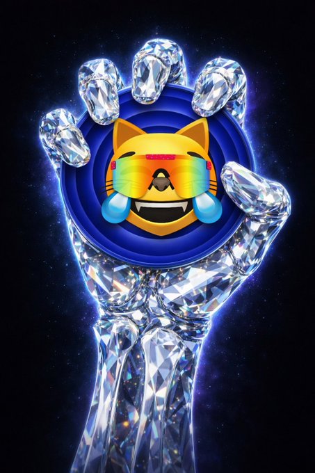 A digital artwork featuring a crystalline glass hand reaching upward against a starry space background, holding a yellow cat-like emoji wearing rainbow sunglasses with blue tears.
