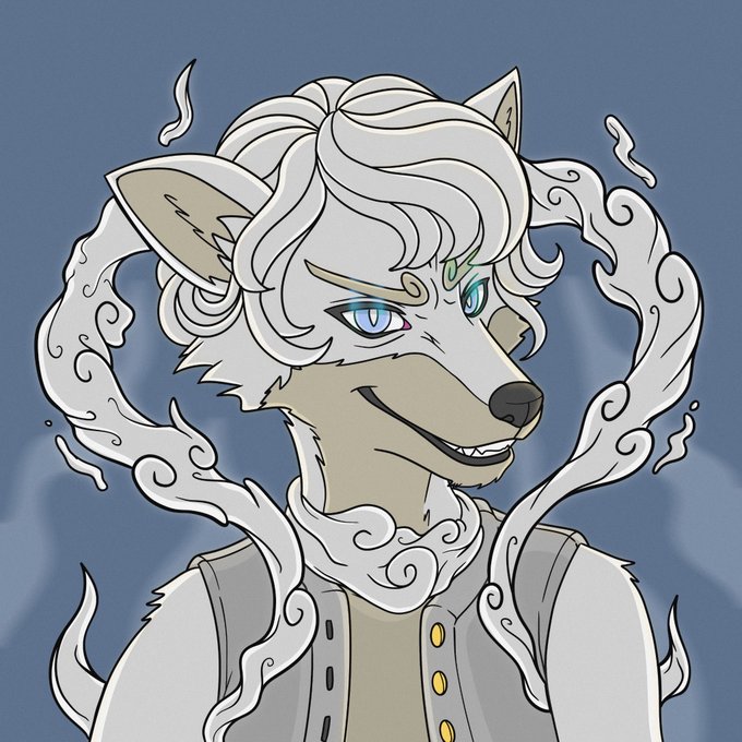A digital illustration depicts an anthropomorphic white wolf-like character with flowing white hair, pointed ears, and striking blue eyes, wearing a light-colored vest over a white top, with stylized wispy cloud or smoke-like tendrils swirling around them against a muted blue background. The "gm" (good morning) caption pairs nicely with the character's serene, confident smile, suggesting a cheerful morning greeting from this mystical, anime-inspired persona.