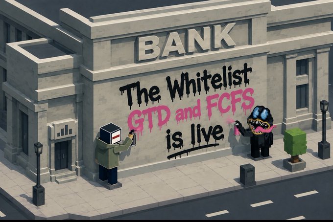 An isometric illustration shows a bank building with bold graffiti on its wall reading "BANK - The Whitelist GTD and FCFS is live," featuring two blocky characters spray-painting the message, visually promoting @playbandits' whitelist offering to the community.