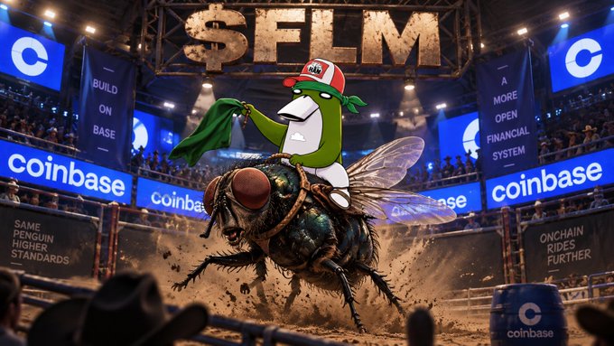 A digital illustration featuring a green penguin character riding a large fly wearing a red cap, set in a rodeo arena surrounded by 'coinbase' banners with 'SFLM' displayed above and slogans like 'BUILD ON BASE', 'A MORE OPEN FINANCIAL SYSTEM', 'SAME PENGUIN HIGHER STANDARDS', and 'ONCHAIN RIDERS FURTHER'.