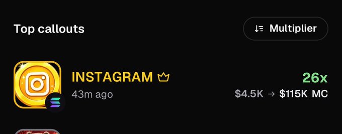 A screenshot titled "Top callouts" shows Instagram with a 26x multiplier, marking its price jump from $4.5K to $115K market cap (MC) within 43 minutes—visually reinforcing the "Point proven" message with concrete profit data.