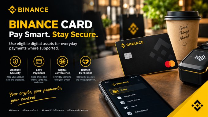 A promotional banner for the 'BINANCE CARD' with the tagline 'Pay Smart. Stay Secure.', showing a black credit card, a coffee cup, a payment terminal, and a smartphone displaying the Binance app.
